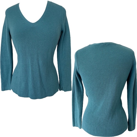 J.Jill Turquoise Ribbed V Neck Long Sleeve Knit Top Size XS - Picture 1 of 5